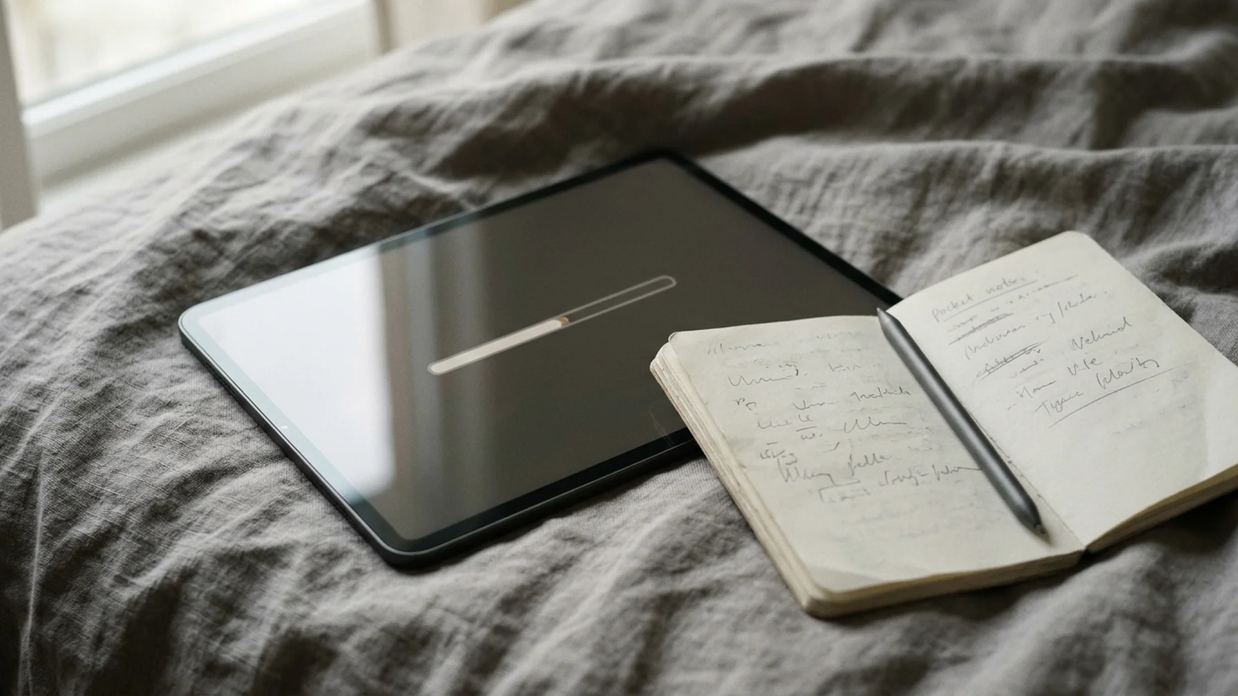 A tablet on a fabric surface showing a download screen, next to a notebook with handwritten notes and a stylus, in soft daylight.
