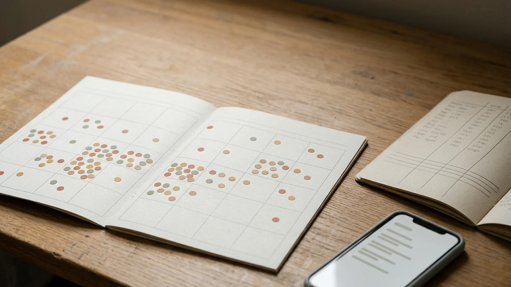 A wall calendar with small colored stickers on recurring dates beside a notebook of handwritten monthly figures and a phone showing a subscription list