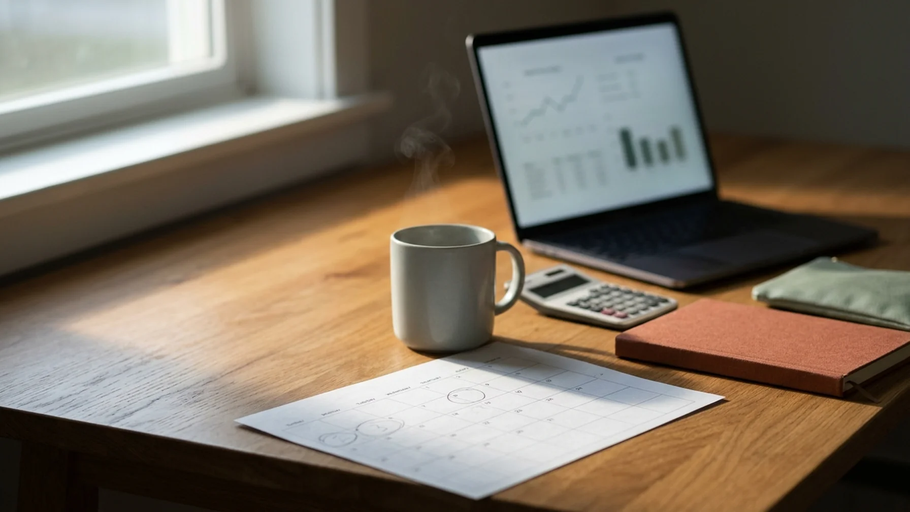 A creator's desk with a laptop showing a plain payout dashboard, a paper calendar with a few dates circled, a calculator and a coffee mug in soft morning window light