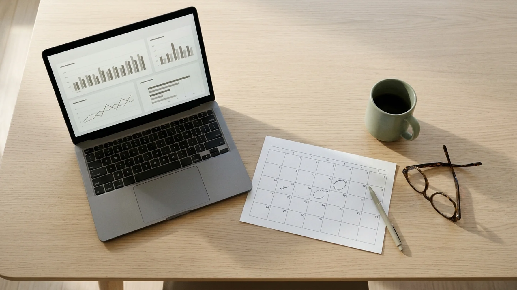 A laptop on a wooden desk showing a plain analytics dashboard, a paper calendar with circled payout dates beside it, and a coffee cup, lit by window light.