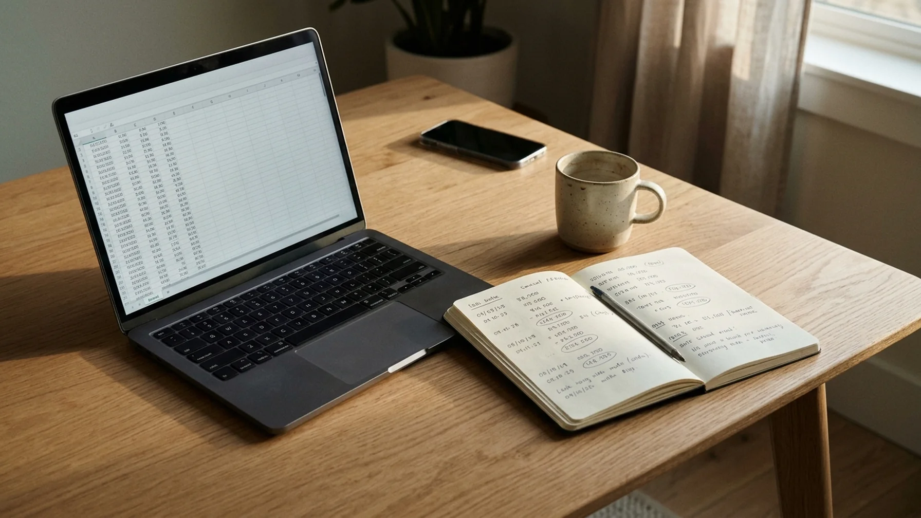 Close view of a creator's desk with a laptop showing a plain spreadsheet of revenue rows, a notebook with handwritten payout dates, a coffee cup and a phone, lit by daylight from a side window