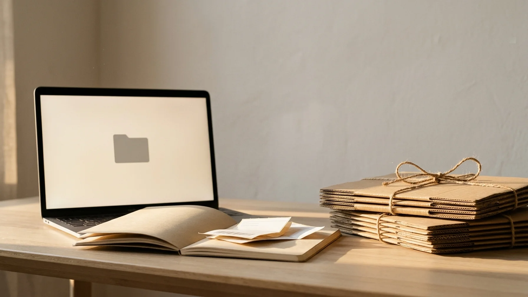 A desk with a laptop showing a file folder, a notebook of shipping labels and a stack of small parcels, illustrating different product delivery types