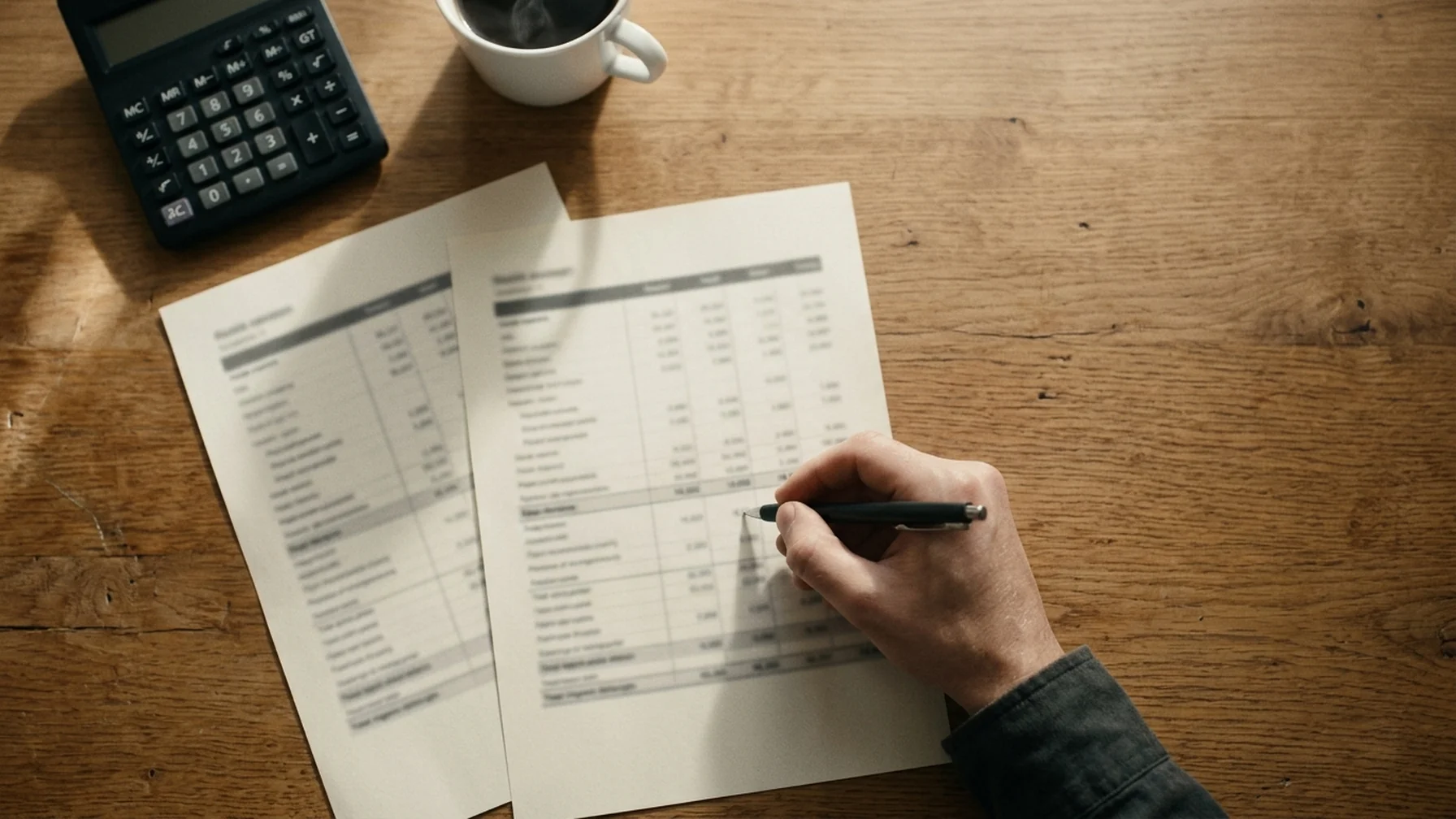 A person at a kitchen table comparing printed payout schedules from two platforms, one sheet marked with a pen, a calculator and coffee cup beside them
