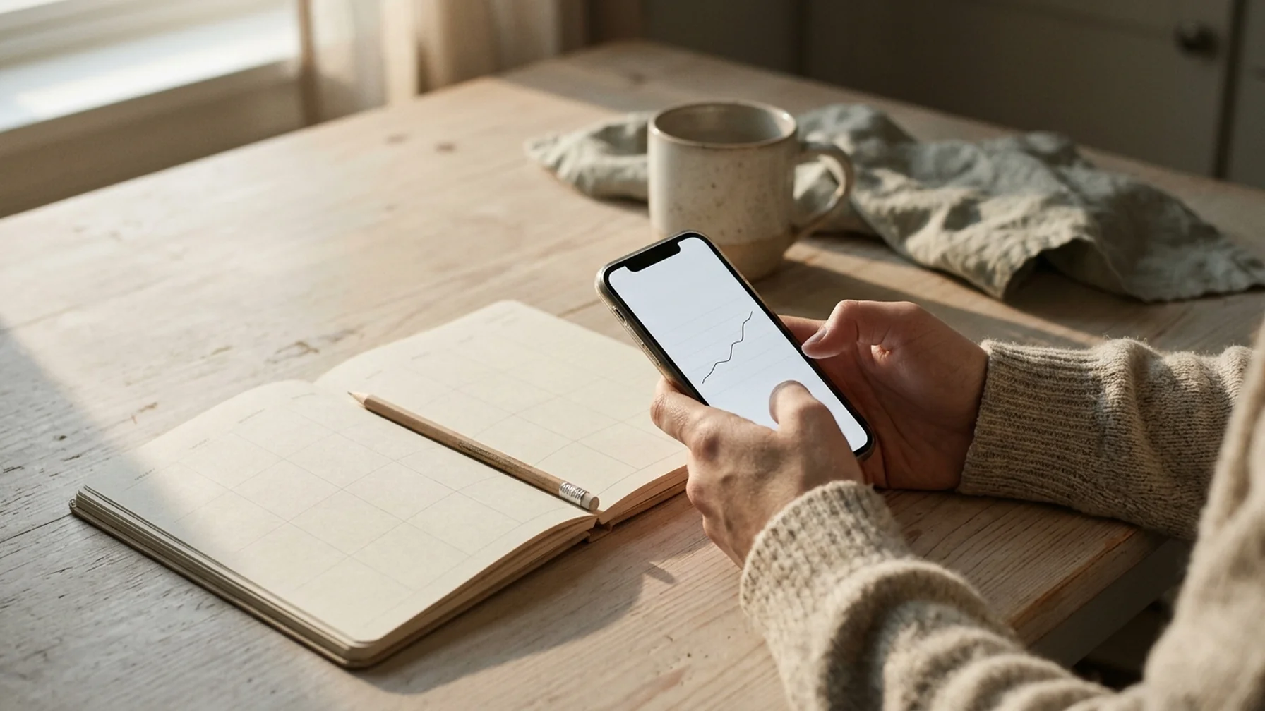 A person at a kitchen table reviewing a recurring revenue chart on a phone while a paper planner with weekly columns sits open.